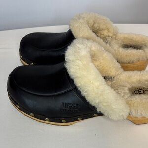 UGG Black Leather Clogs with Cream Shearling
